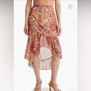 NWT- Status By Chenault Rust Boho Floral Chiffon Ruffle High Low Skirt- Medium
